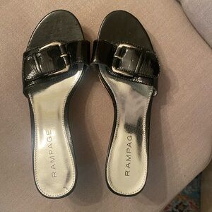 Super fun, black patent buckle, wedge slides! Only worn a few times!  size 10